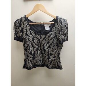 Papell Boutique Evening Silk Beaded Top Black Silver Leaf Blouse Small Vintage